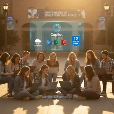 A group of students outdoors with laptops, as a Copilot promo overlay hovers above.