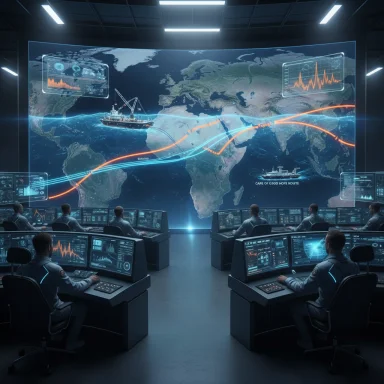 Futuristic command center monitors global shipping routes on a giant world map.