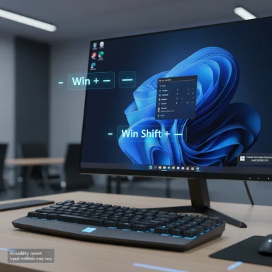 Desk setup with a large monitor showing Windows shortcut overlays on a blue wallpaper.