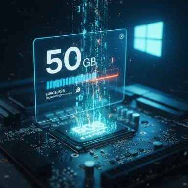 Futuristic holographic display shows 50 GB data transfer over a computer motherboard.