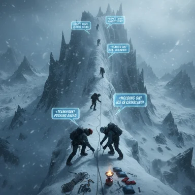 Climbers roped together ascend a perilous icy ridge as ice crumbles around them.