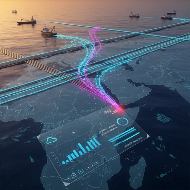 A holographic map tracks neon data streams routing ships along global sea lanes.