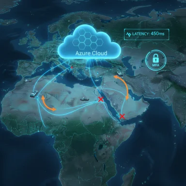 Azure Cloud network map with global routes, 450ms latency, and MFA security icon.