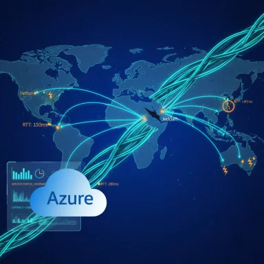 Azure cloud connects a global data network with neon lines circling the globe.