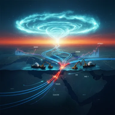 Global submarine fiber cables converge at a glowing hub beneath a swirling vortex.