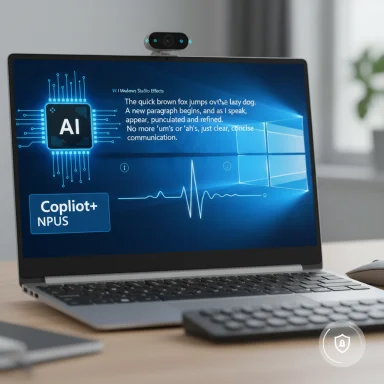 Laptop displays an AI-themed UI with Copilot+ NPUS logo and a webcam on top.