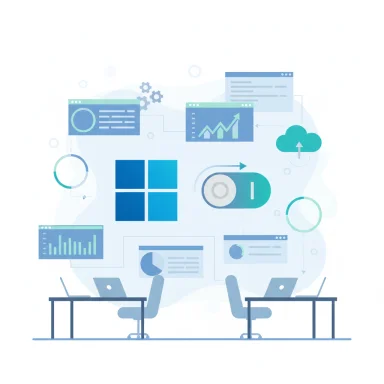 Two people work at desks, analyzing data dashboards and charts in a cloud-themed tech space.