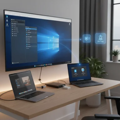 Desk setup with a large monitor displaying Windows and two laptops connected wirelessly.