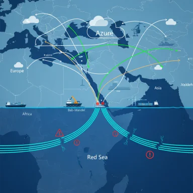 Azure cloud network map showing global data routes and undersea cables across Europe, Africa and Asia.