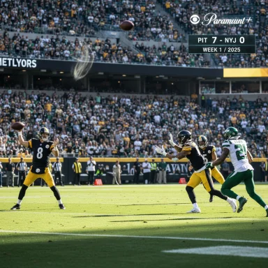 Steelers QB launches a pass as a Jets defender closes, with a packed stadium watching.