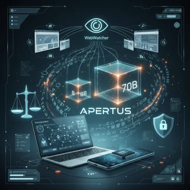A futuristic cybersecurity dashboard with glowing data cubes, interconnected devices, and APERTUS WebWatcher.