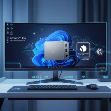 A curved monitor on a sleek desk displays a futuristic compact PC with neon circuit graphics.