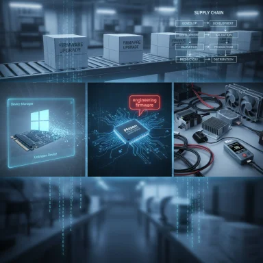 Tech collage showing firmware upgrade workflow and hardware components.