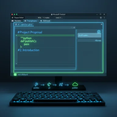 Neon-lit monitor shows a #Project Proposal with Python code and a publish workflow.