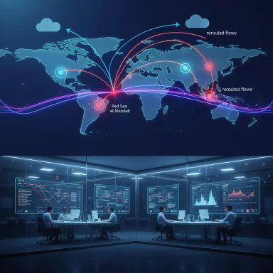 Global map of data flows over a futuristic command center with analysts and large screens.