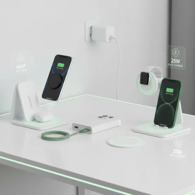 A futuristic white wireless charging station powers multiple devices with 25W fast charge.