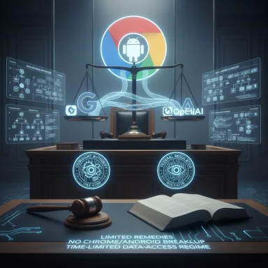 A futuristic courtroom with holographic data screens, a gavel, and a glowing scale of justice.