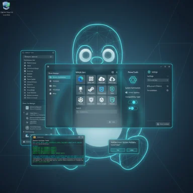 A neon blue cyber-dog hologram looms behind a futuristic multi-window desktop.