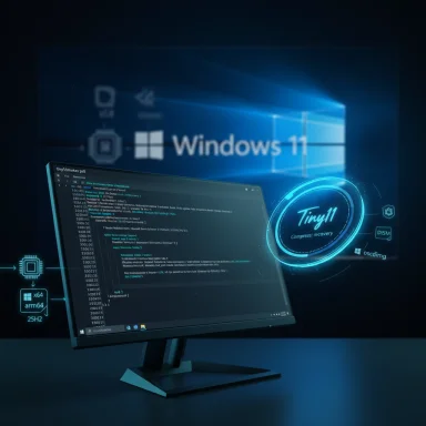 A monitor shows Windows 11 with a glowing Tiny11 recovery ring and code on a tilted screen.