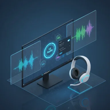 Futuristic desk setup with holographic audio UI, waveform visuals, and a headset.