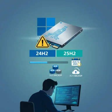 Tech monitors Windows backup workflow with 24H2/25H2, 3-2-1 backups, and a hard drive illustration.
