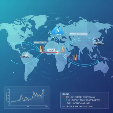 Global network routes to Azure cloud with traffic engineering and rising latency.