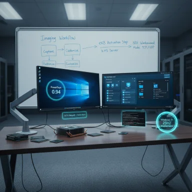A high-tech workstation with dual monitors, a whiteboard outlining imaging workflow, and glowing holographic UI.