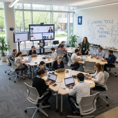 A collaborative classroom workshop with adults using laptops around tables and large screens.