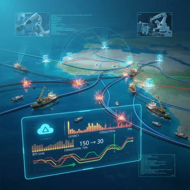 Global undersea cable network depicted with holographic latency and congestion data.