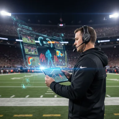 A coach with headset analyzes live football game data on holographic screens.