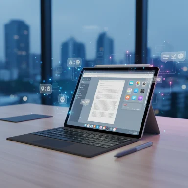 Tablet with keyboard and stylus on a desk, holographic app icons float before a city skyline.
