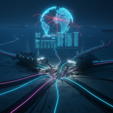 Neon-lit seabed hub with glowing cables feeding a holographic Earth and data screens.