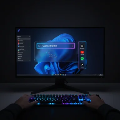 Dark-room setup with a curved monitor displaying Flow Launcher UI and a glowing RGB keyboard. Dark-room setup with a curved monitor displaying Flow Launcher UI and a glowing RGB keyboard.