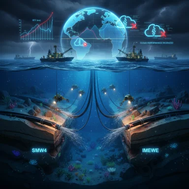 Subsea cables SMW4 and IMEWE connect continents as surface ships monitor cloud performance.