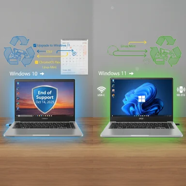 Two laptops shown: left with Windows 10 about to reach end of support, right with Windows 11 ready.