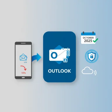 Mobile device syncing to Outlook, featuring calendar, security shield, and cloud backup icons. Mobile device syncing to Outlook, featuring calendar, security shield, and cloud backup icons.