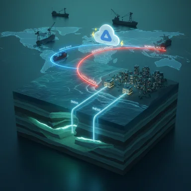 3D cross-section of undersea fiber cables routing data from ships to a city and cloud, showing latency routes.