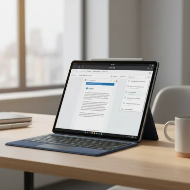 A tablet with a keyboard dock rests on a wooden desk, showing a document editor on screen.
