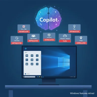 Copilot brain icon hovers above deprecated Windows features and tiles labeled DEPRECATED.