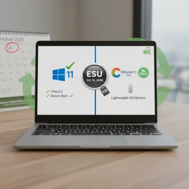 Laptop screen shows ESU event with Windows 11, TPM 2.0/Secure Boot, and ChromeOS Flex or Mint options. Laptop screen shows ESU event with Windows 11, TPM 2.0/Secure Boot, and ChromeOS Flex or Mint options.