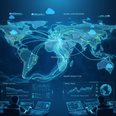 A blue holographic world map displays global data networks with undersea cables and cloud icons.
