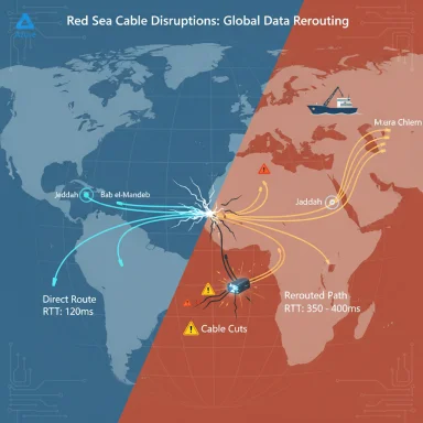 Infographic showing Red Sea cable disruption causing global data rerouting.