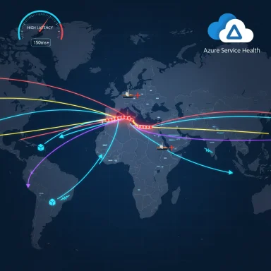 World map showing multiple colored data routes and a high-latency indicator beside Azure Service Health.