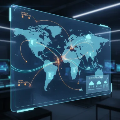 A holographic world map visualizing global data traffic, Azure data centers, and edge caching.