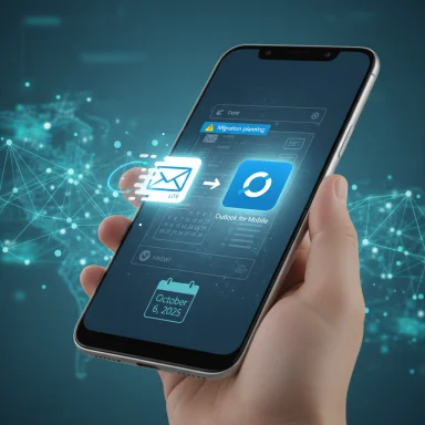 Hand holding a smartphone displays email migration from Lite to Outlook for Mobile.