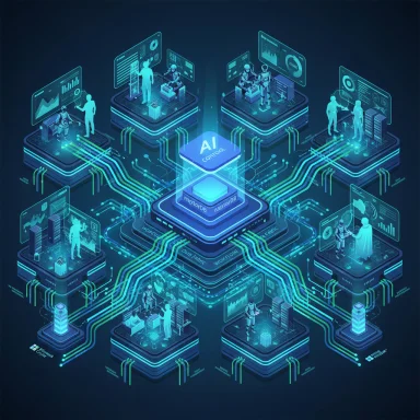 Futuristic AI control hub with interconnected platforms and holographic dashboards.