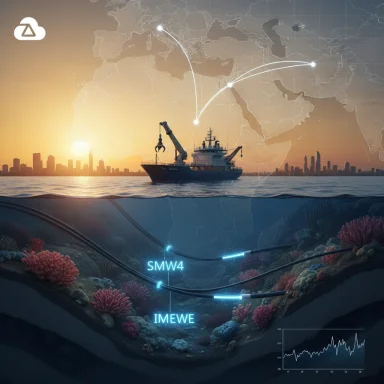 A ship lays undersea fiber-optic cables above a coral reef, showing SMW4 and IMEWE routes on a world map.