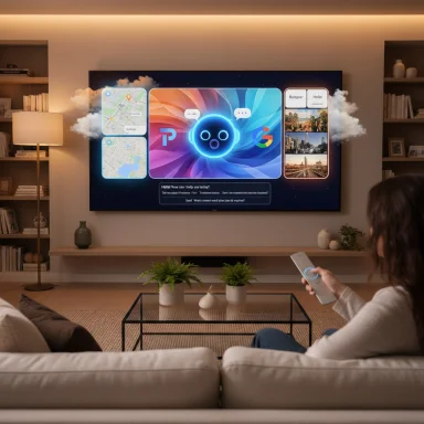 A person on a sofa controls a large, colorful smart TV displaying app tiles in a cozy living room.