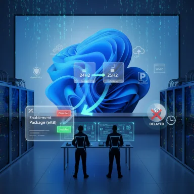 Two engineers monitor holographic UI in a futuristic data center showing 24H2 to 25H2 update flow.