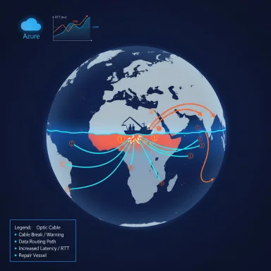 Azure cloud illustrates global optical cables and data routes with alerts and repair vessels.